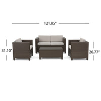 Perie 4 Piece Outdoor Sofa Chair and Table Set, Brown Rattan, White -BM335691
