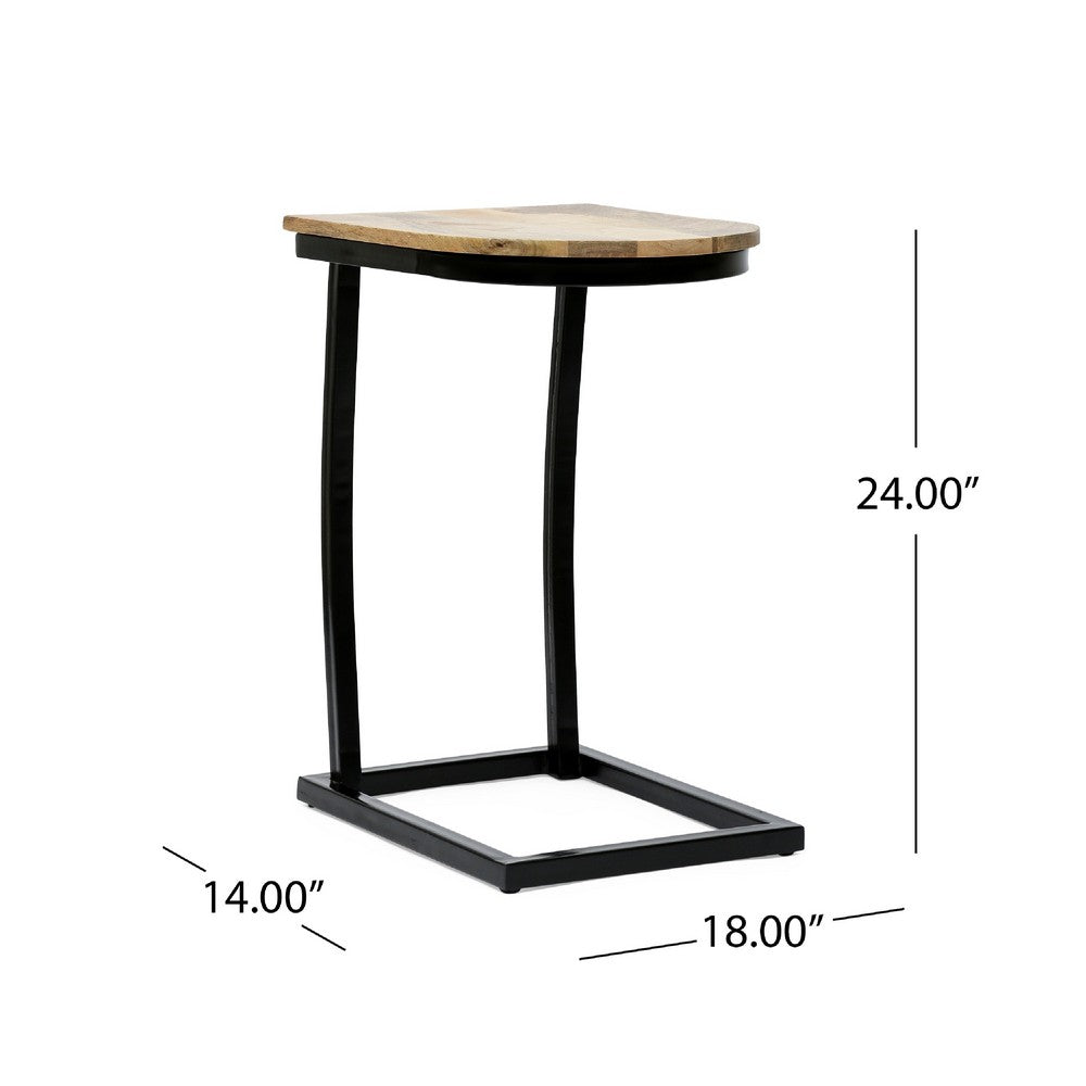 C Shaped End Table, Honey Brown Mango Wood, Black Iron, 18 Inch -BM335692