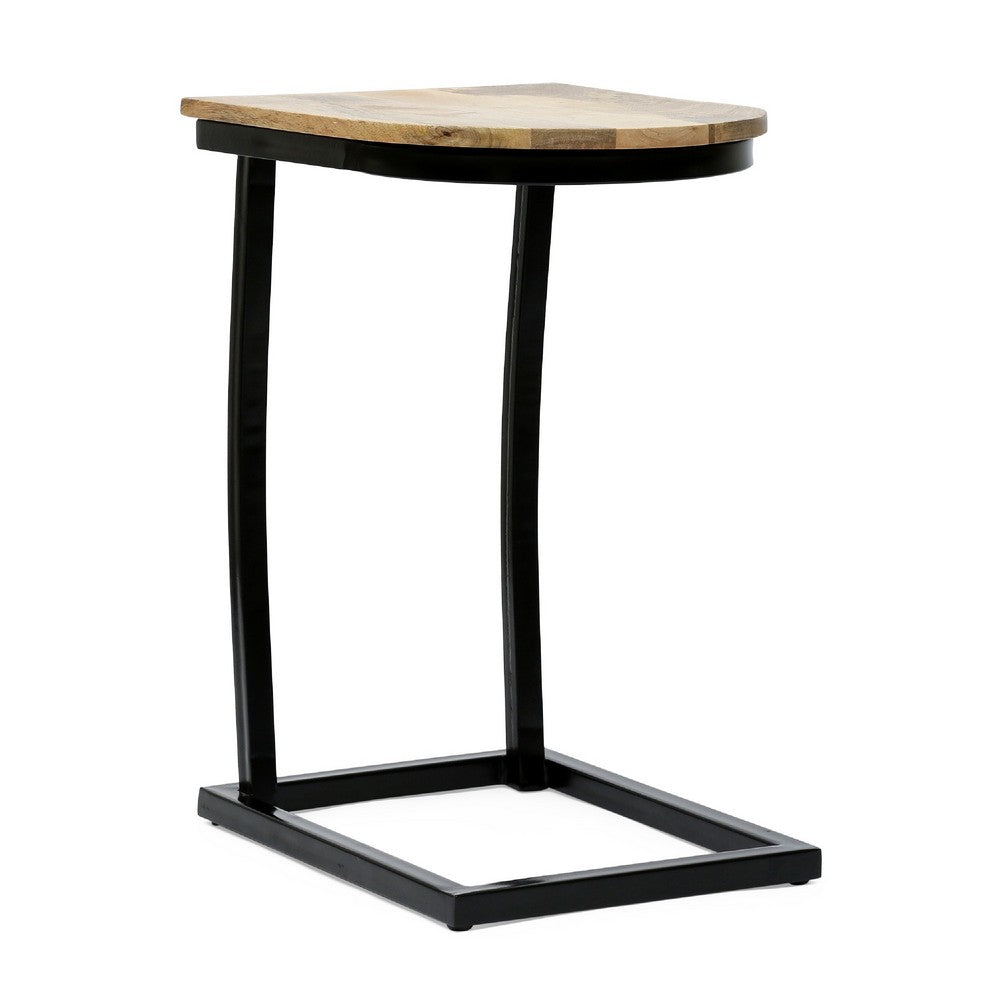 C Shaped End Table, Honey Brown Mango Wood, Black Iron, 18 Inch -BM335692