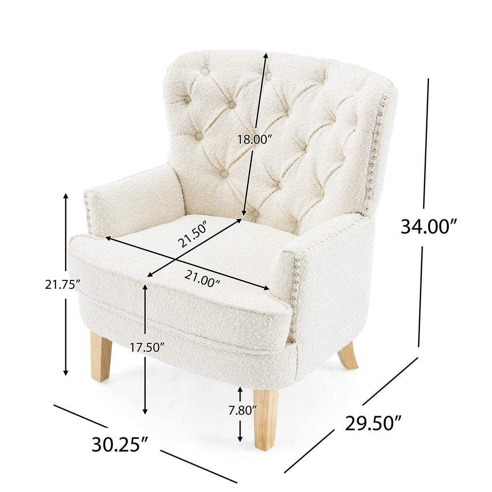 Modern Club Chair, Classic Button Tufted Wingback, Almond White -BM335706