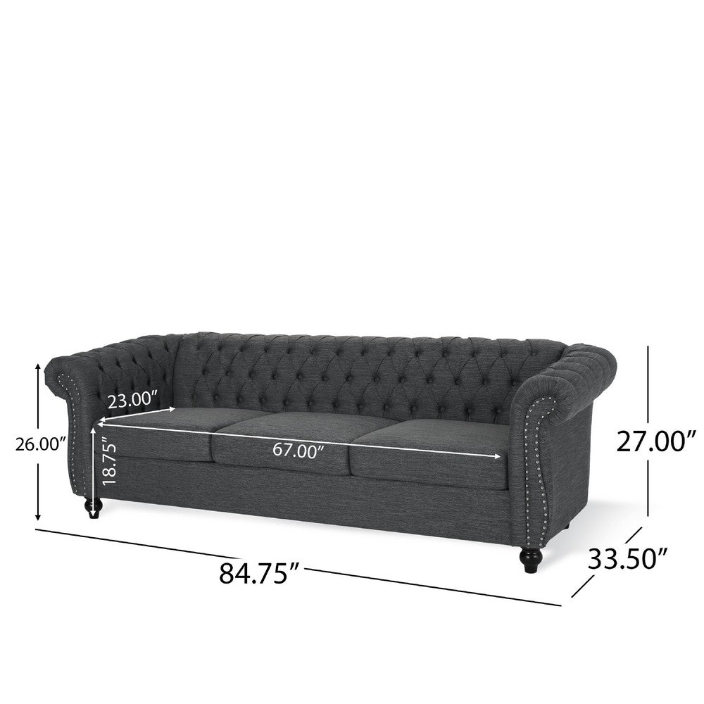 Zoa 3 Seater Sofa, Chesterfield Tufted Design, Charcoal Gray 85 Inch -BM335708