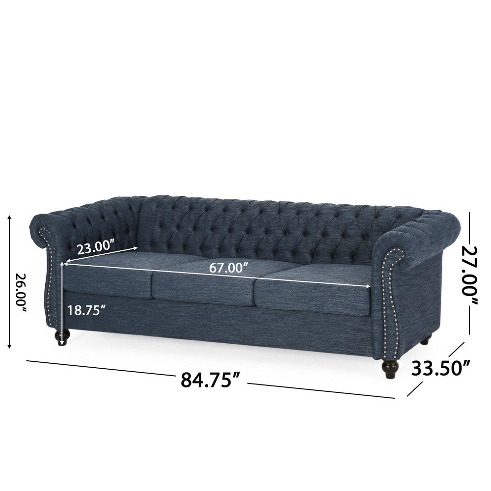 Zoa 3 Seater Sofa, Chesterfield Tufted Design, Navy Blue 85 Inch -BM335709