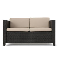 Perie Outdoor Loveseat, Brown Wicker Woven w Beige Cushions, 55 Inch -BM335710