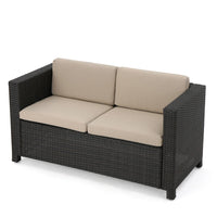Perie Outdoor Loveseat, Brown Wicker Woven w Beige Cushions, 55 Inch -BM335710