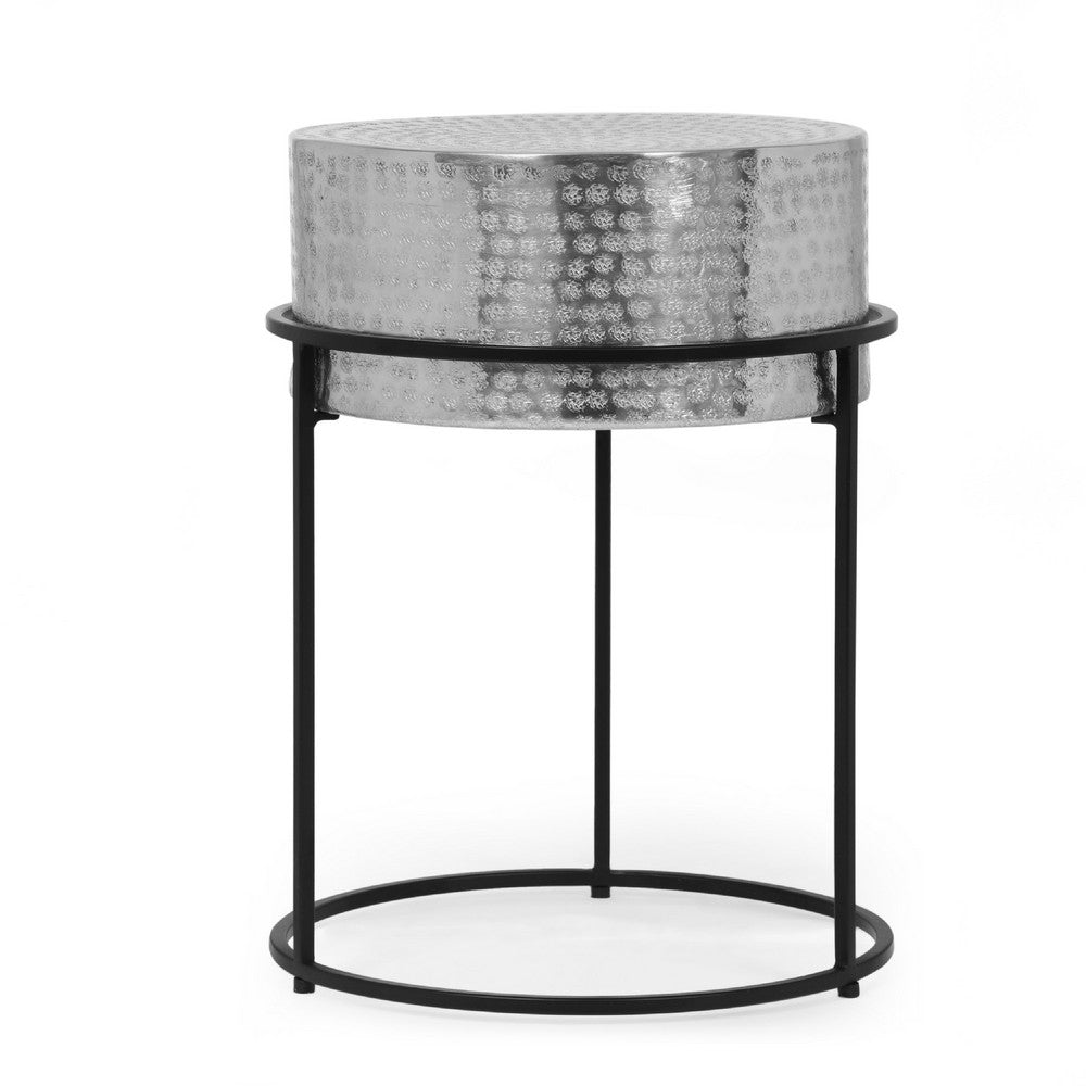 Side End Table, 15 Inch Round Hammered Silver Top, Black Iron Base -BM335713