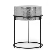 Side End Table, 15 Inch Round Hammered Silver Top, Black Iron Base -BM335713