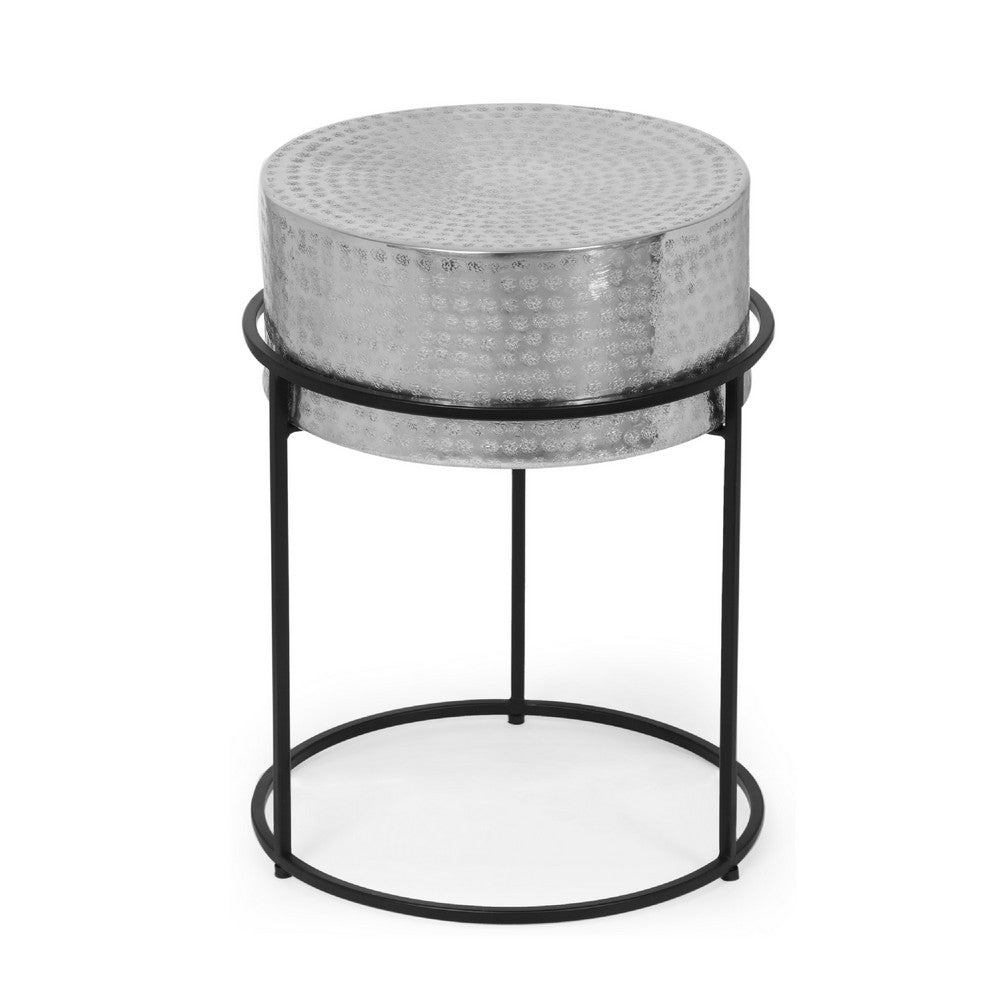 Side End Table, 15 Inch Round Hammered Silver Top, Black Iron Base -BM335713