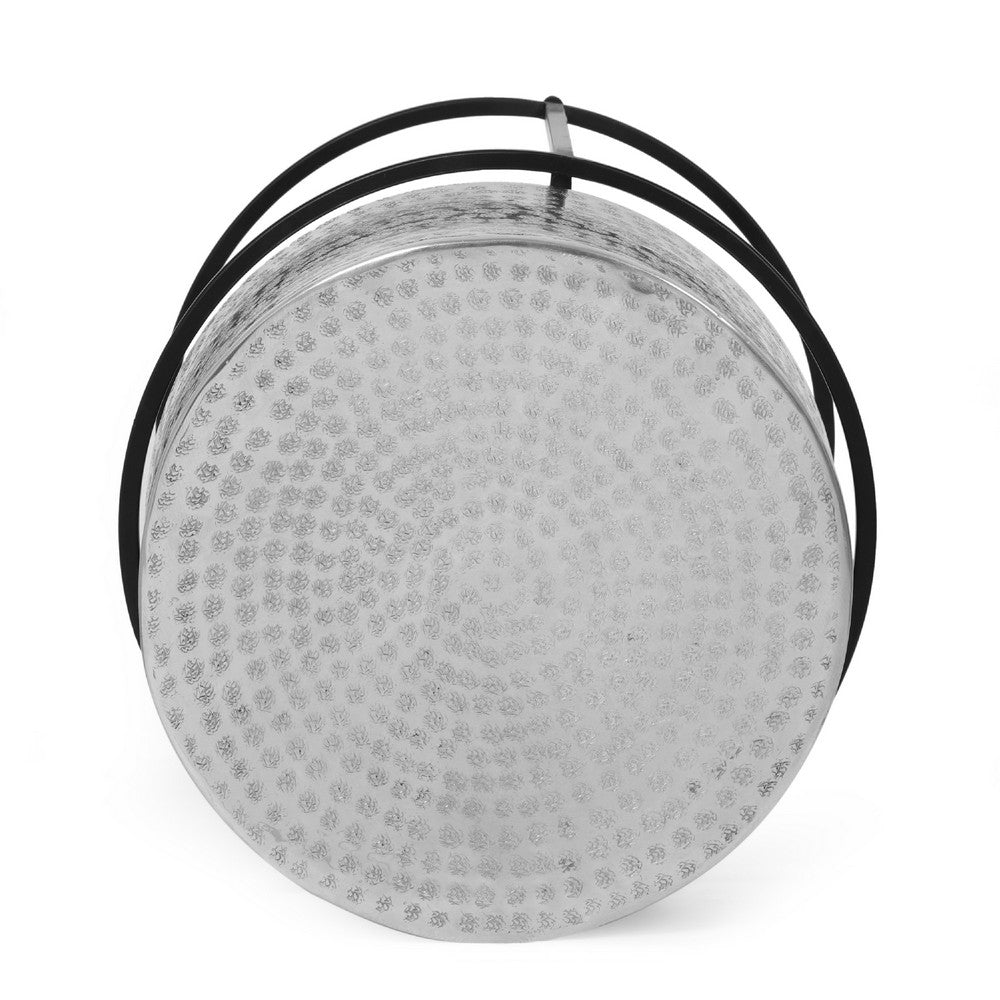 Side End Table, 15 Inch Round Hammered Silver Top, Black Iron Base -BM335713