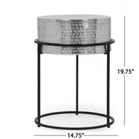 Side End Table, 15 Inch Round Hammered Silver Top, Black Iron Base -BM335713