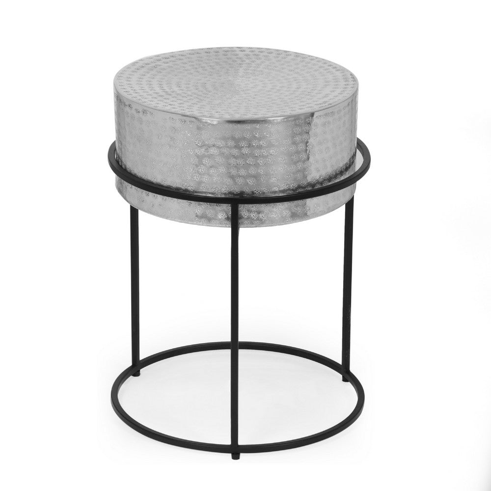 Side End Table, 15 Inch Round Hammered Silver Top, Black Iron Base -BM335713