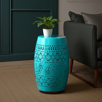 Sola Side Table, Solar Powered Light, 18 Inch Barrel Shaped Teal Iron -BM335747