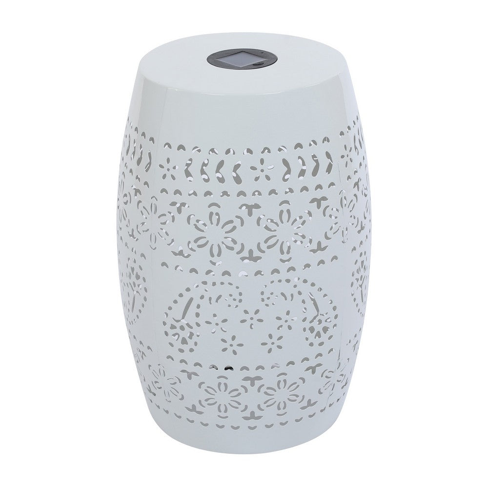 Sola Side Table, Solar Powered Light, 18 Inch Barrel Shaped White Iron -BM335748