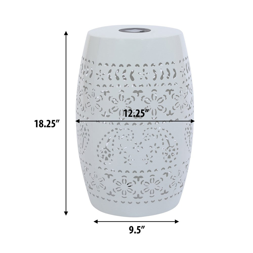 Sola Side Table, Solar Powered Light, 18 Inch Barrel Shaped White Iron -BM335748