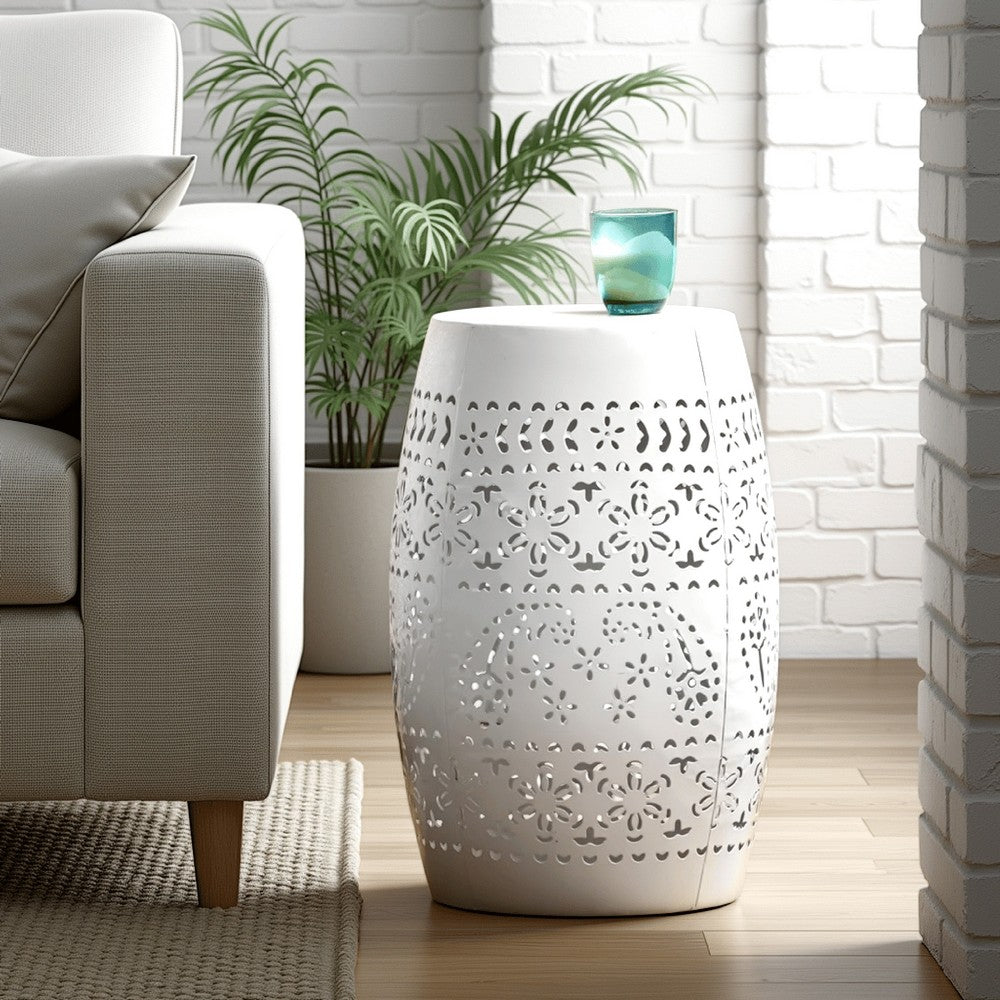 Sola Side Table, Solar Powered Light, 18 Inch Barrel Shaped White Iron -BM335748