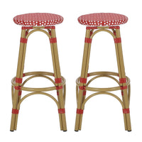 Outdoor Barstool Set of 2, Red and White Wicker Seat, Brown Aluminum -BM335768