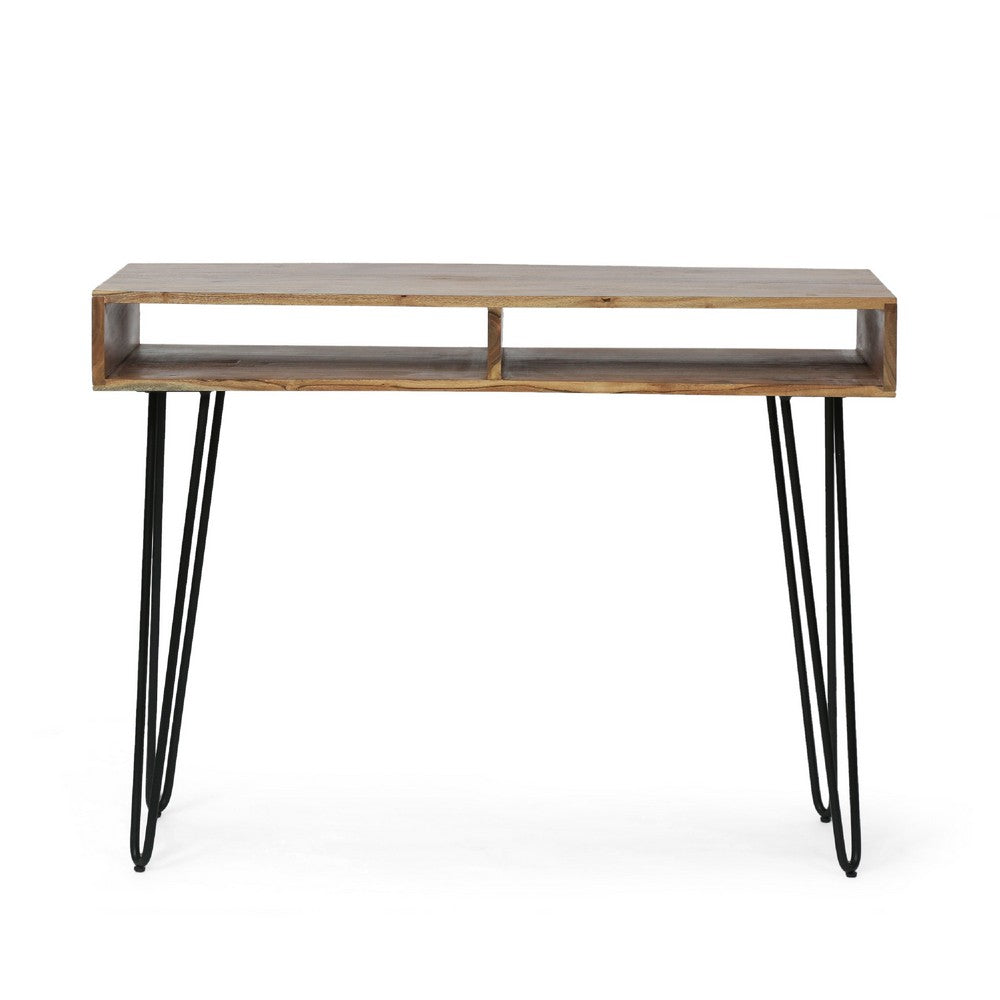 Levy Writing Laptop Desk, 40 Inch Brown Acacia Wood, Black Metal Legs -BM335771