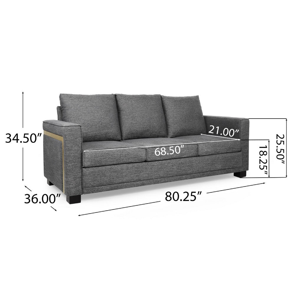 Jen 3 Seater Sofa, 80 Inch, Cushioned Charcoal Gray Pillow Back -BM335773