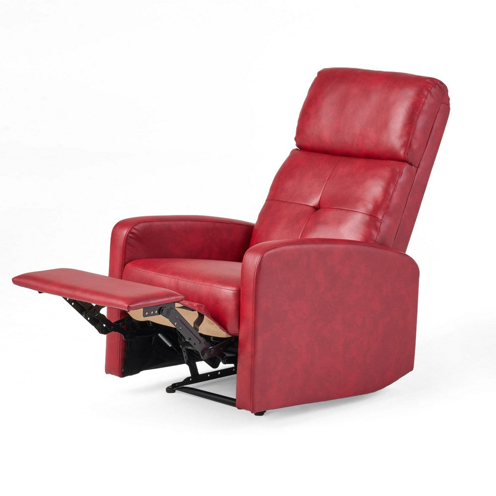 Belz Manual Recliner Chair with Handle, Button Tufted Red Faux Leather -BM335791