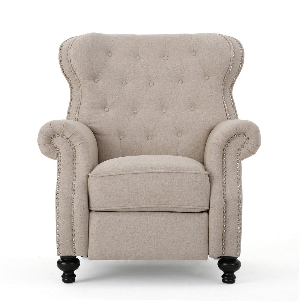 Nur Manual Recliner Chair, Button Tufted Back, Wheatish White Fabric -BM335794