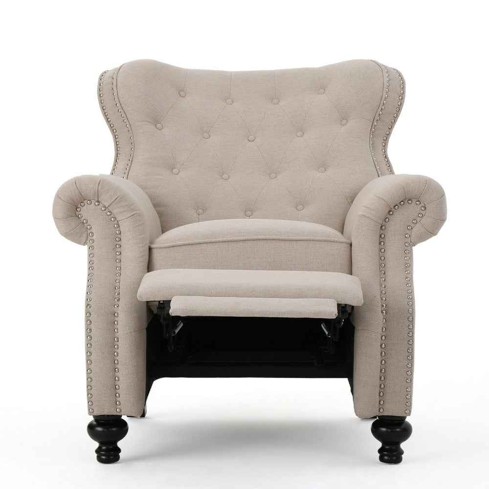 Nur Manual Recliner Chair, Button Tufted Back, Wheatish White Fabric -BM335794