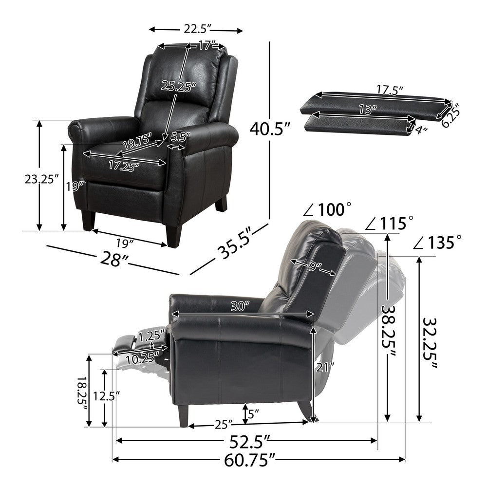 Beny Manual Recliner Chair, Black Faux Leather, Classic Rolled Arms  -BM335796