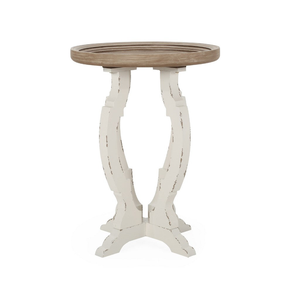 Gez Accent Table, 26 Inch Brown Round Top, White Hourglass Base -BM335797