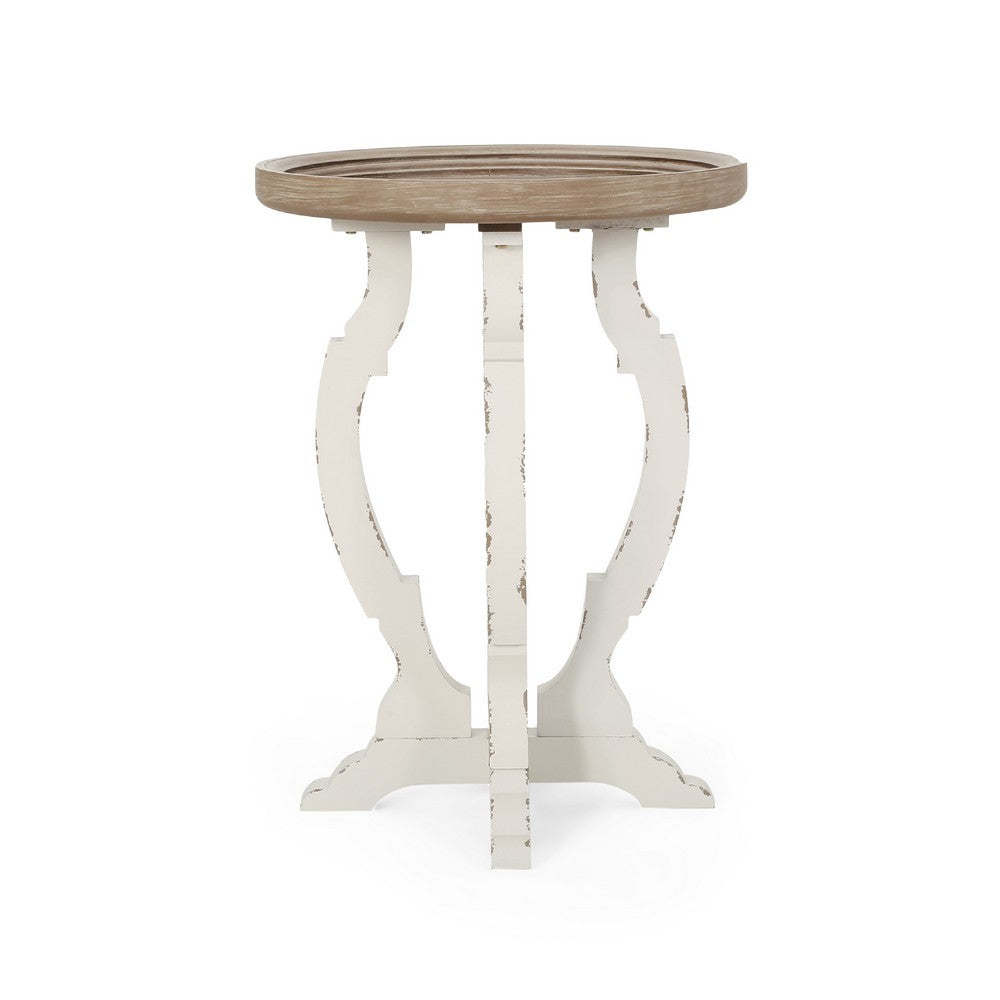 Gez Accent Table, 26 Inch Brown Round Top, White Hourglass Base -BM335797