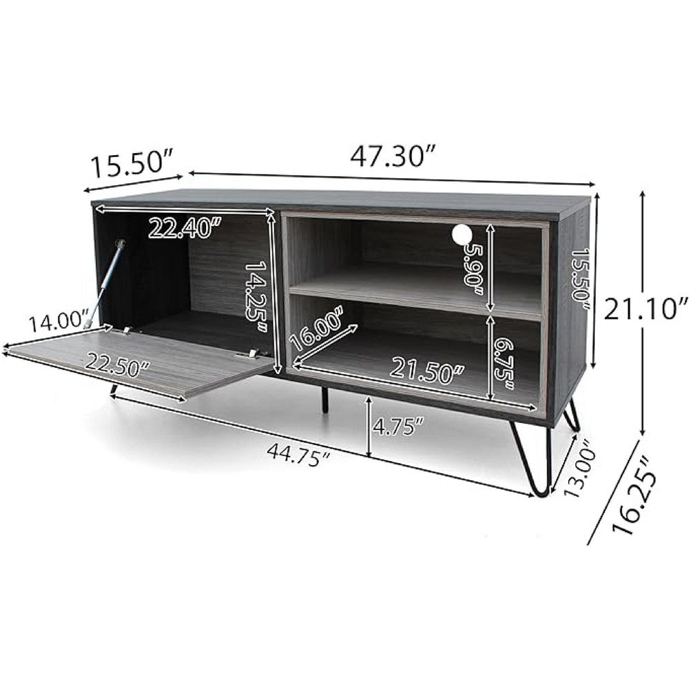 47 Inch TV Stand Cabinet Console, 2 Shelves, Gray Finish, Metal Legs -BM335804