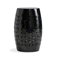 Lica Patio Side End Table, Barrel Shaped Lace Cut, 12 Inch Black Iron -BM335806