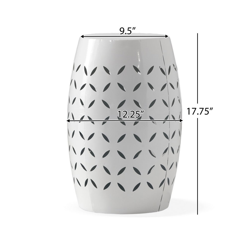 Lica Patio Side End Table, Barrel Shaped Lace Cut, 12 Inch White Iron -BM335808