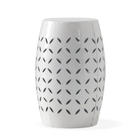 Lica Patio Side End Table, Barrel Shaped Lace Cut, 12 Inch White Iron -BM335808