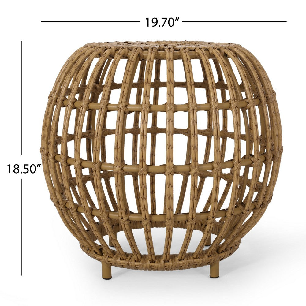Outdoor Side Table, Open Design, 20 Inch Light Brown Woven Wicker -BM335816