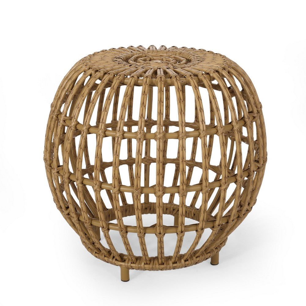 Outdoor Side Table, Open Design, 20 Inch Light Brown Woven Wicker -BM335816