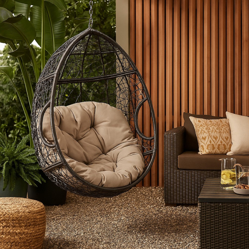 Patio Hanging Basket Swing Chair, 49 Inch, Brown Rattan and Metal -BM335827