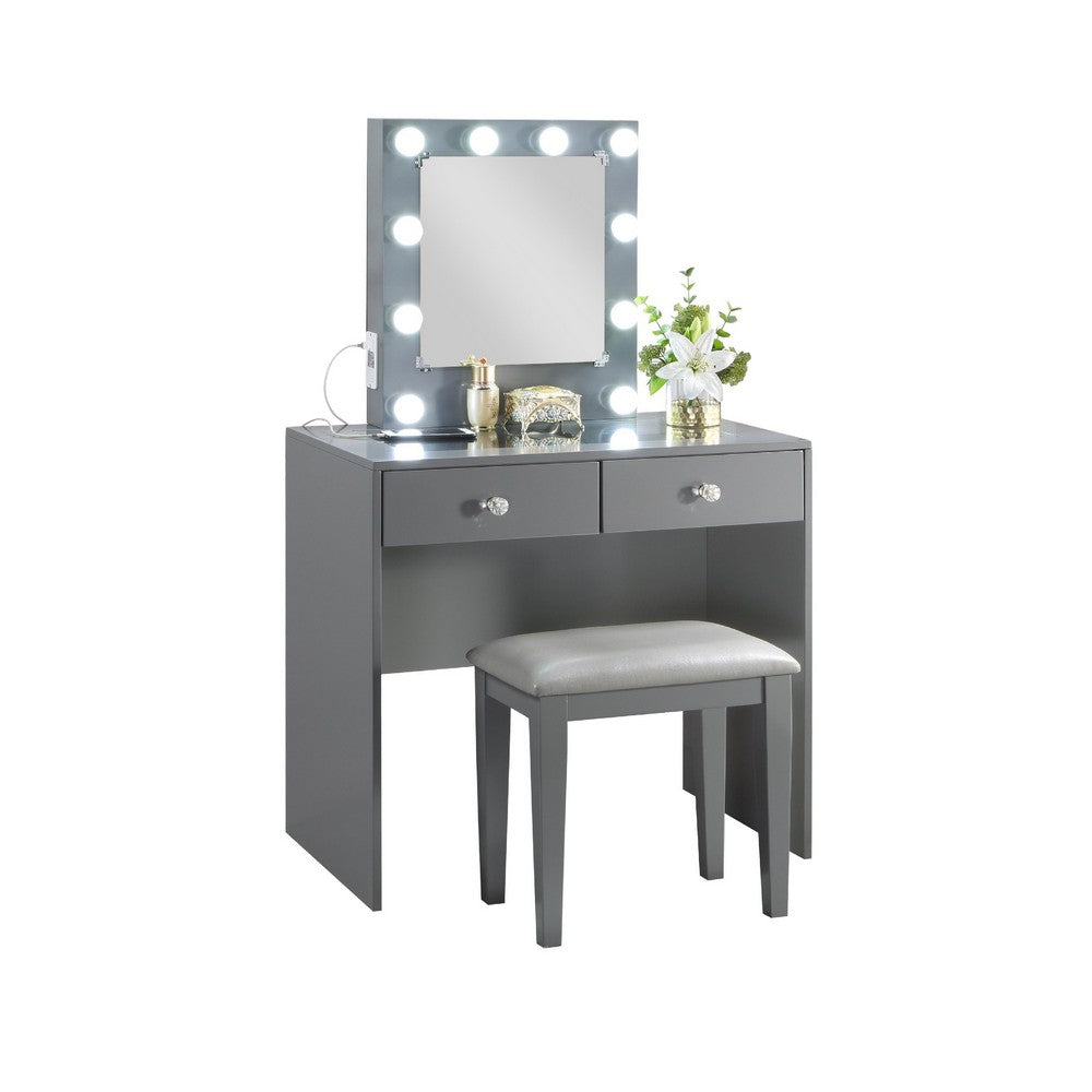 Hudi Makeup Vanity and Stool Set, 10 Lights, USB Power Outlet, Gray -BM335863