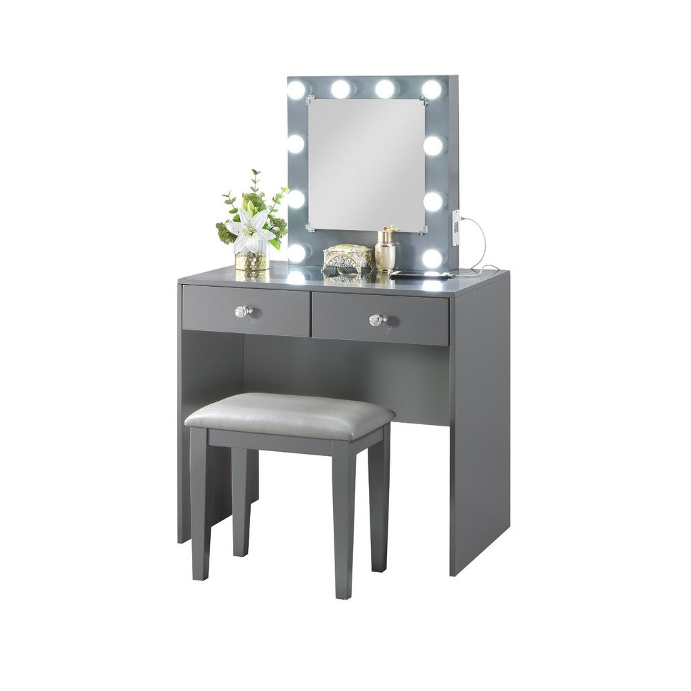 Hudi Makeup Vanity and Stool Set, 10 Lights, USB Power Outlet, Gray -BM335863