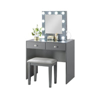 Hudi Makeup Vanity and Stool Set, 10 Lights, USB Power Outlet, Gray -BM335863
