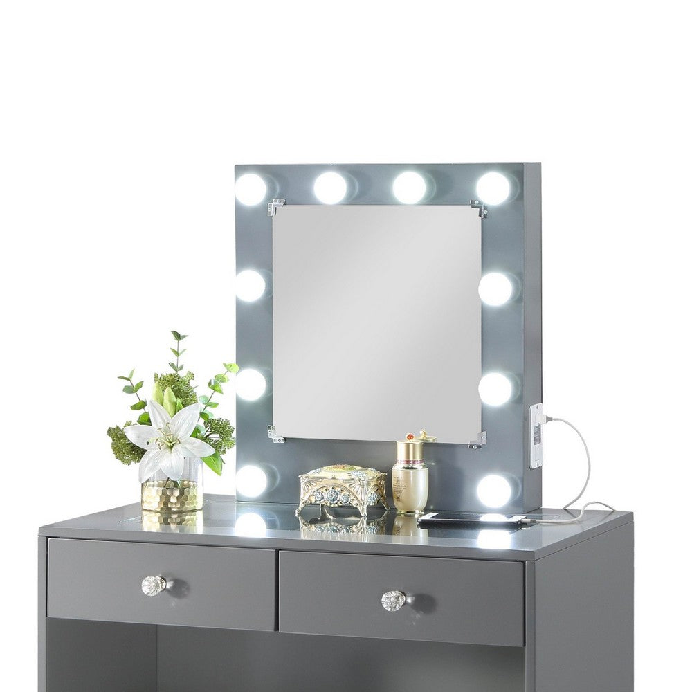 Hudi Makeup Vanity and Stool Set, 10 Lights, USB Power Outlet, Gray -BM335863