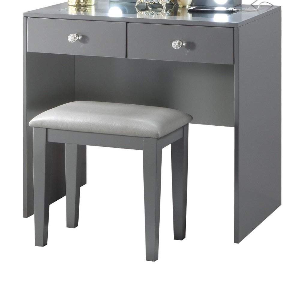 Hudi Makeup Vanity and Stool Set, 10 Lights, USB Power Outlet, Gray -BM335863