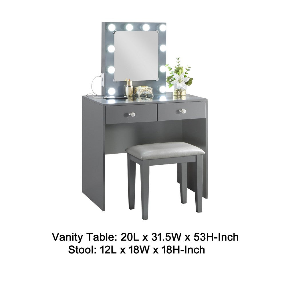 Hudi Makeup Vanity and Stool Set, 10 Lights, USB Power Outlet, Gray -BM335863