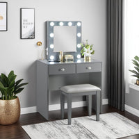 Hudi Makeup Vanity and Stool Set, 10 Lights, USB Power Outlet, Gray -BM335863