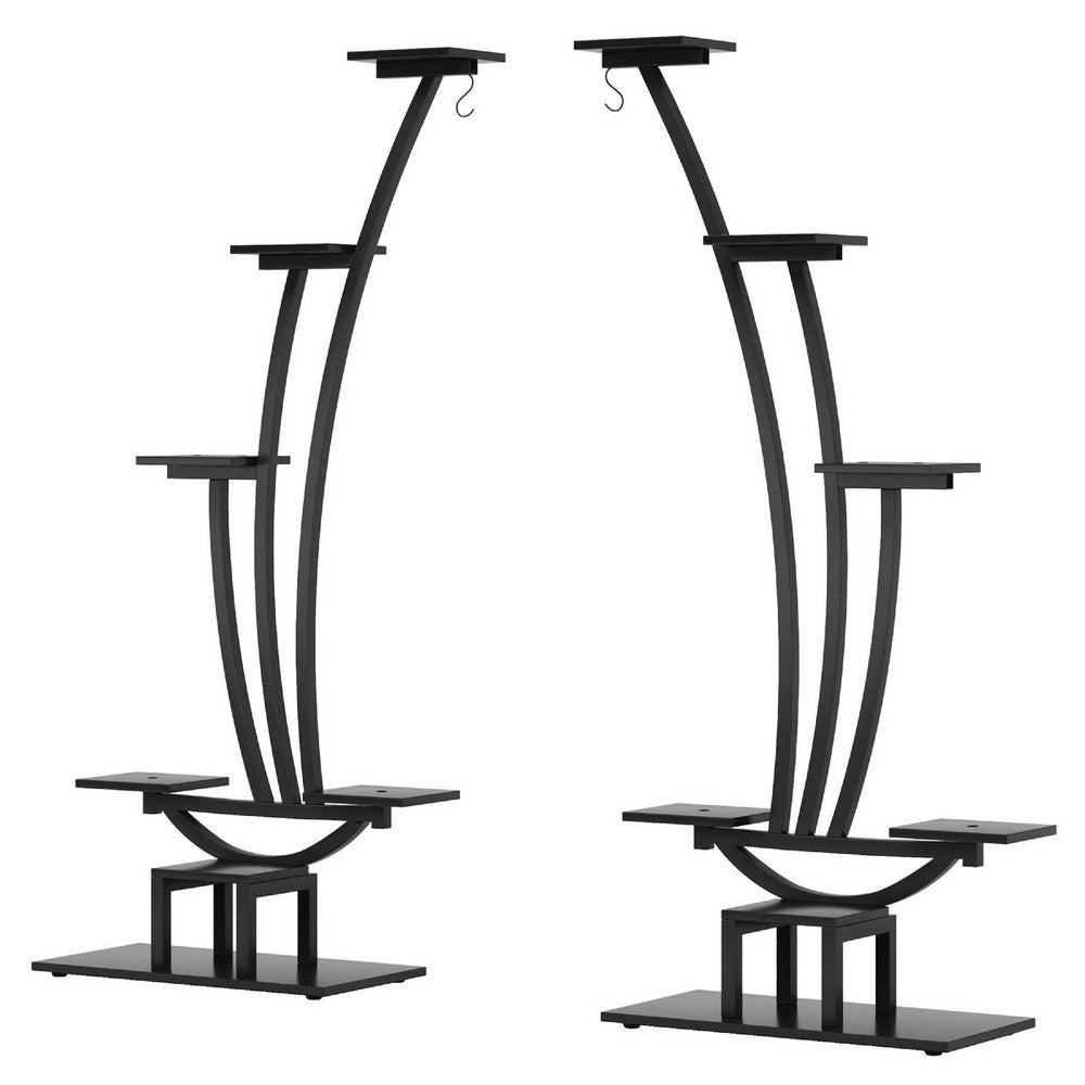 6 Tier Plant Stand Set of 2 w Hooks, Curved Display Shelf, Black -BM336901