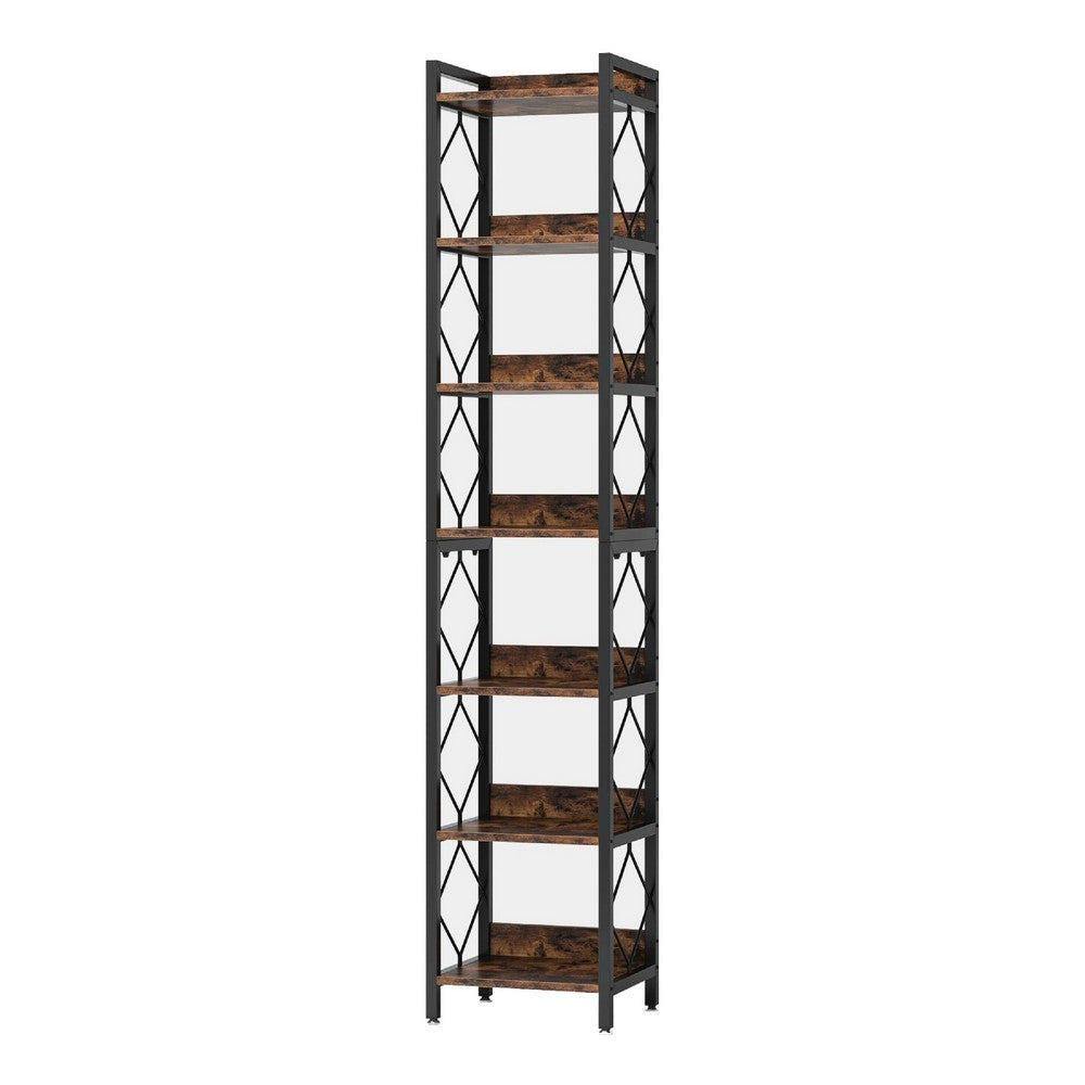 Corner Bookcase, 7 Tier Rustic Brown Wood Shelves, 79 Inch Black Metal -BM336917