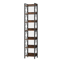 Corner Bookcase, 7 Tier Rustic Brown Wood Shelves, 79 Inch Black Metal -BM336917