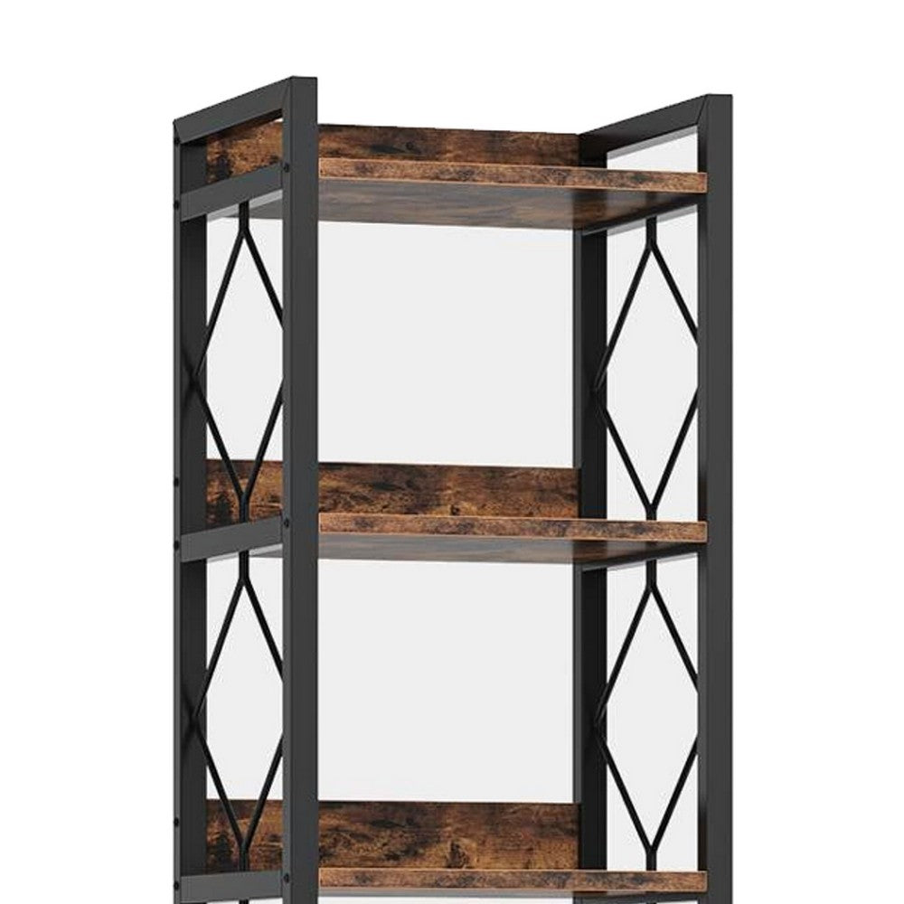 Corner Bookcase, 7 Tier Rustic Brown Wood Shelves, 79 Inch Black Metal -BM336917
