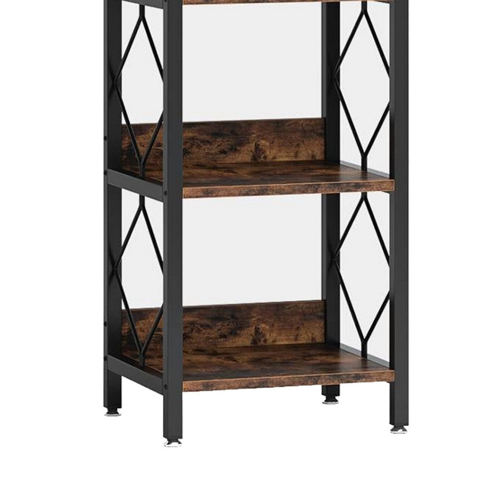 Corner Bookcase, 7 Tier Rustic Brown Wood Shelves, 79 Inch Black Metal -BM336917