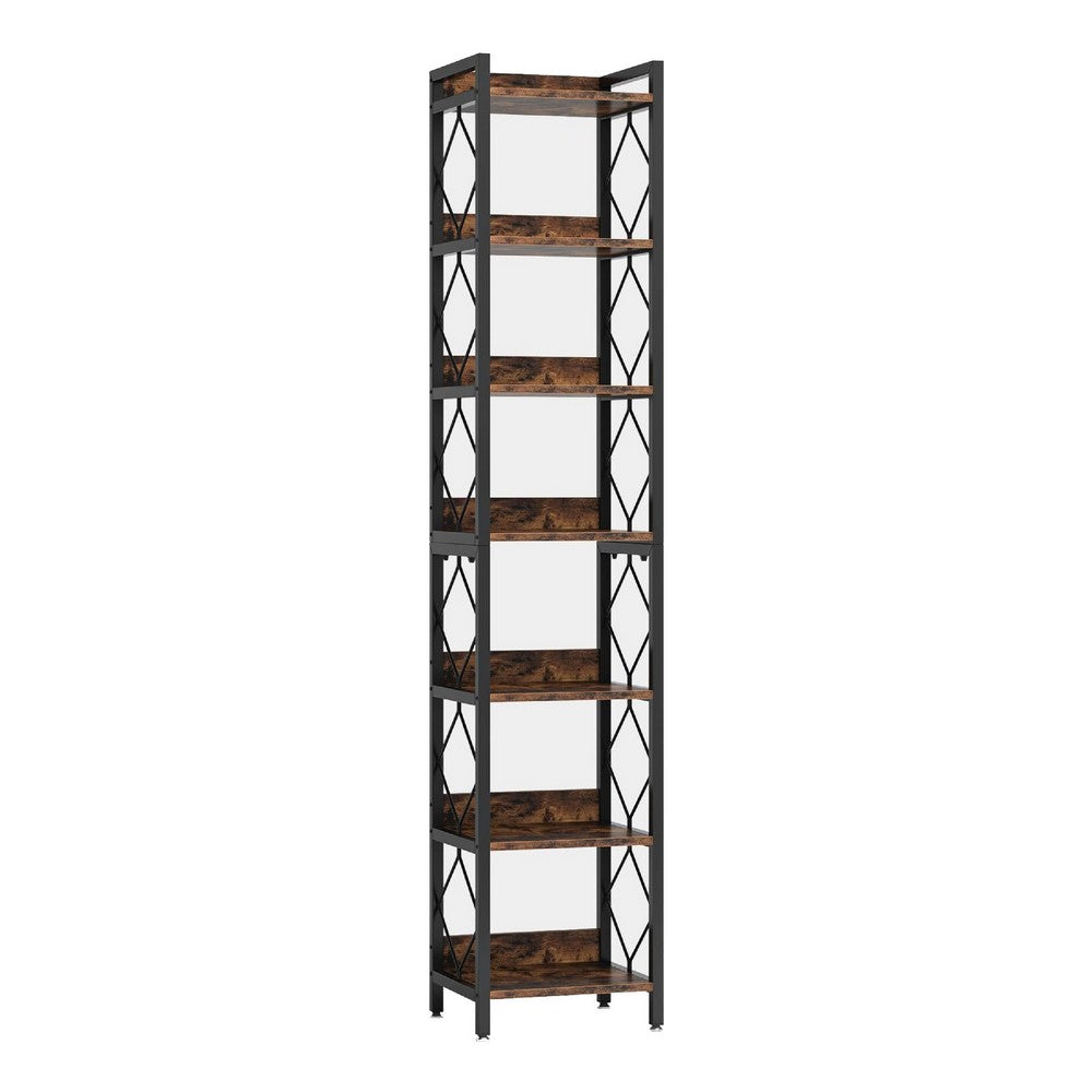 Corner Bookcase, 7 Tier Rustic Brown Wood Shelves, 79 Inch Black Metal -BM336917