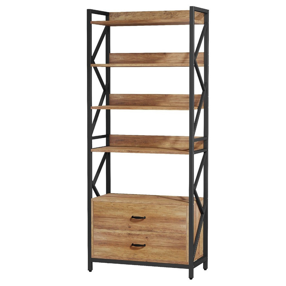 5 Tier Bookshelf w 2 Drawers, 71 Inch Vintage Brown, Black Metal Frame -BM336919