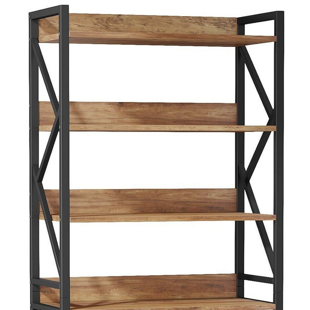 5 Tier Bookshelf w 2 Drawers, 71 Inch Vintage Brown, Black Metal Frame -BM336919