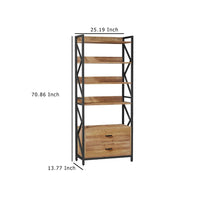 5 Tier Bookshelf w 2 Drawers, 71 Inch Vintage Brown, Black Metal Frame -BM336919